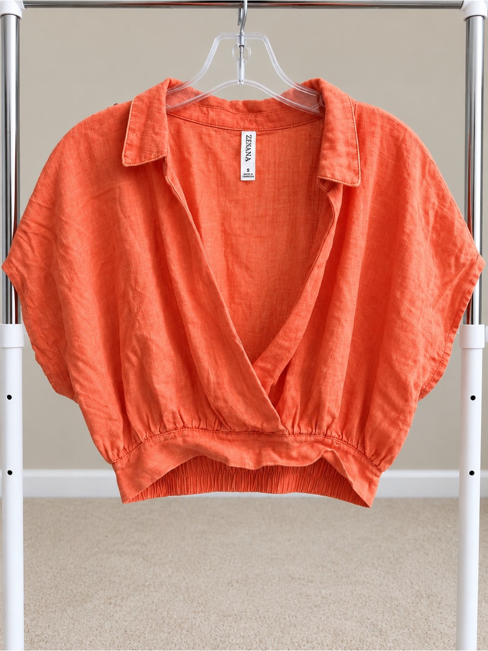 Zenana Outfitters Coral-Orange Cropped Surplice Linen Top